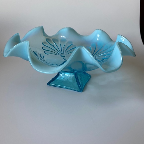 Antique Beaded Fans Blue Jefferson Glass Candy Dish Opalescent Circa  1905 - Picture 3 of 8